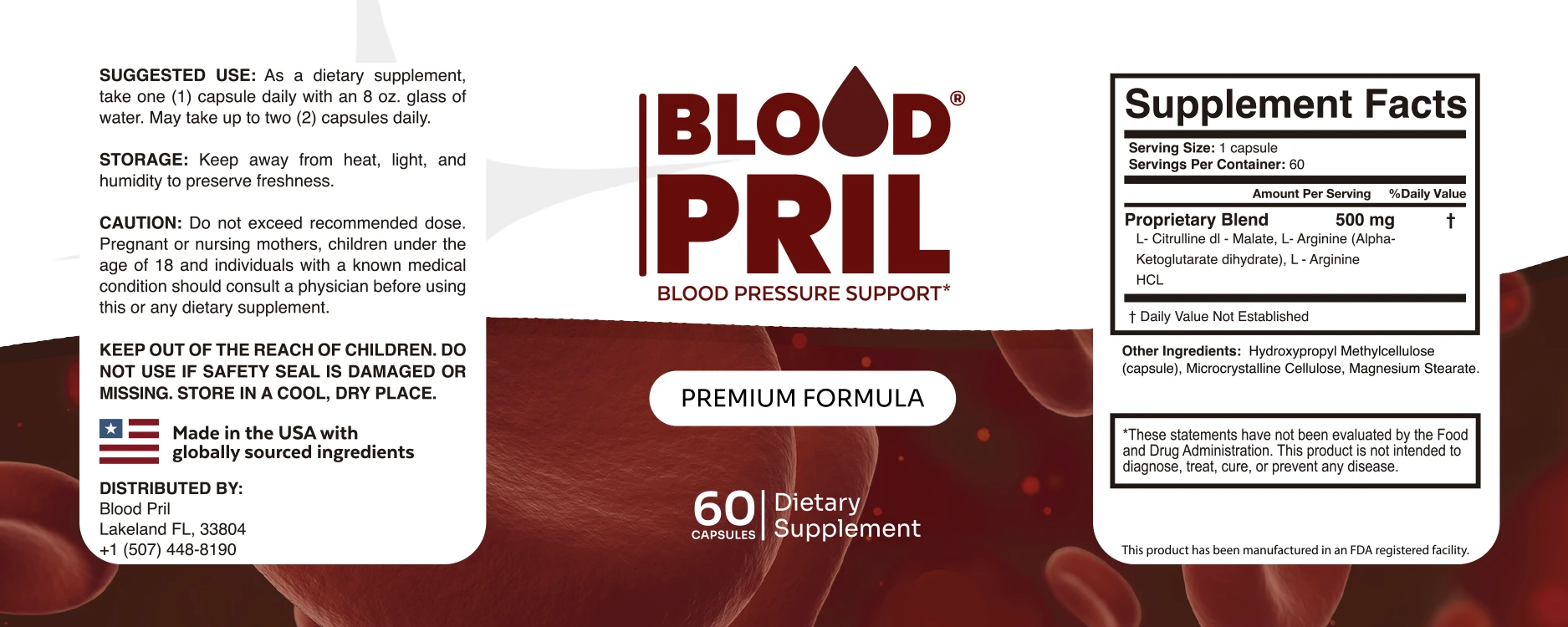 BloodPril Supplement Facts label: Potato Amino Acid Compounds, Amino Acid Blend and Chicory Root Compound
